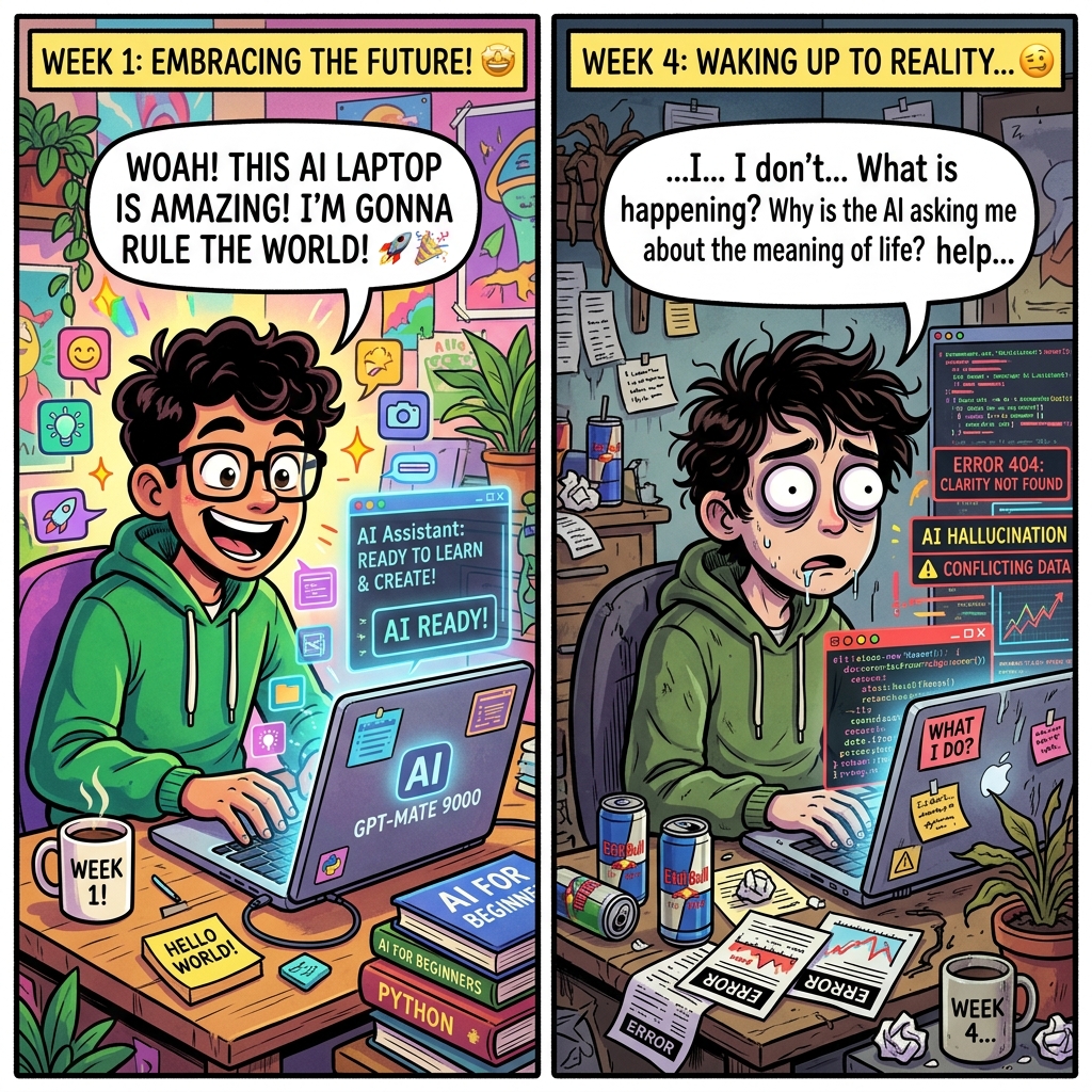 Person looking excited with AI in Week 1 vs Confused in Week 4