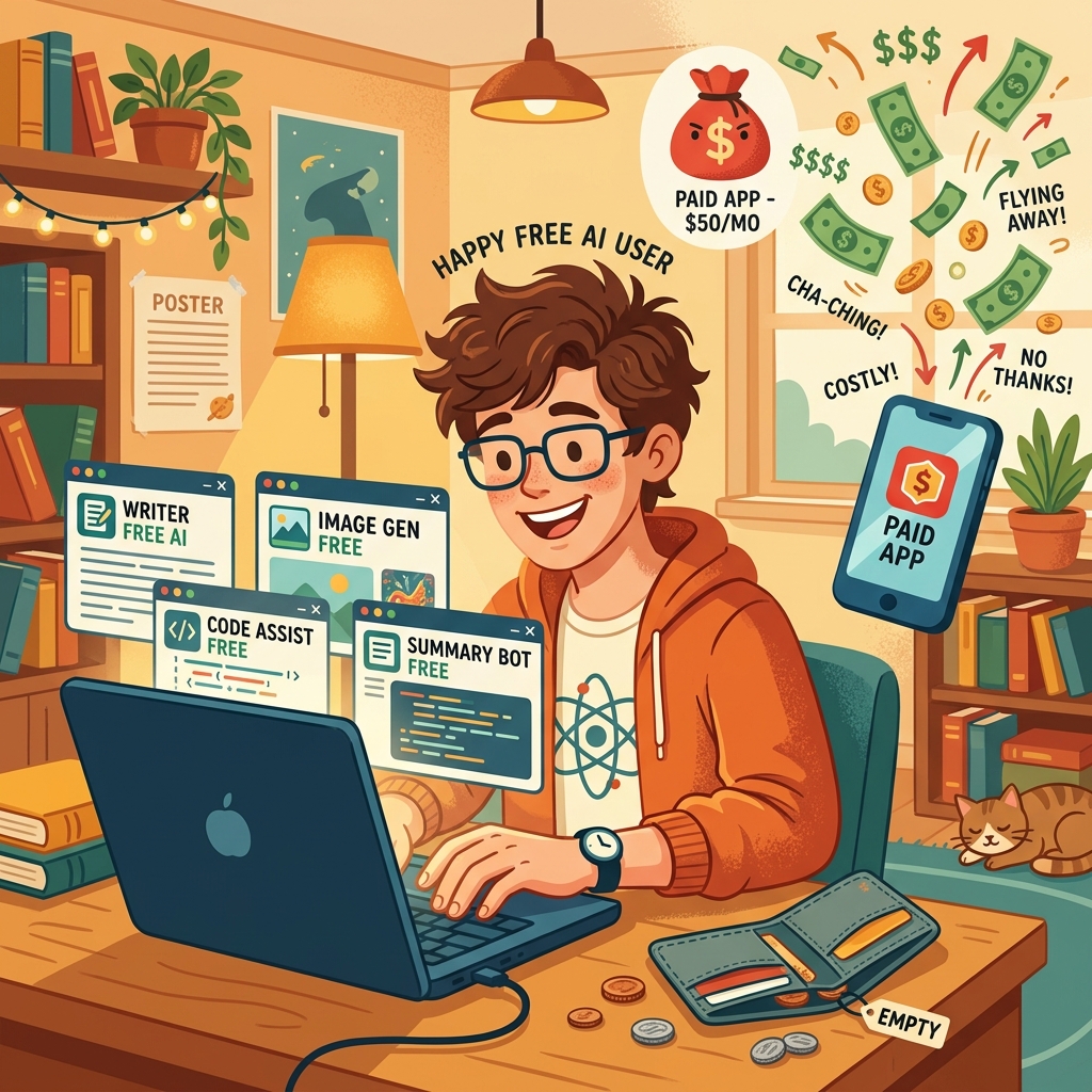 Student happily using free AI tools while money flies away from paid apps