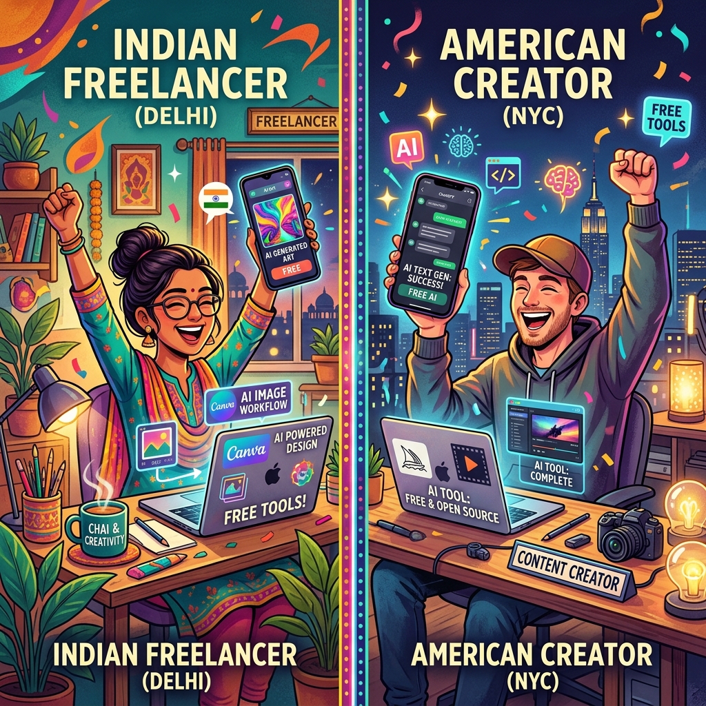 Indian and US creators celebrating free AI tools