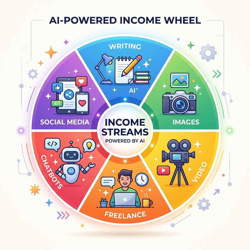 Six income stream icons in a colourful wheel with AI sparkles
