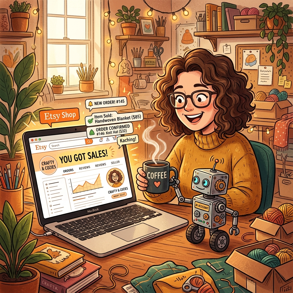 Laptop showing Etsy sales while AI robot brings coffee