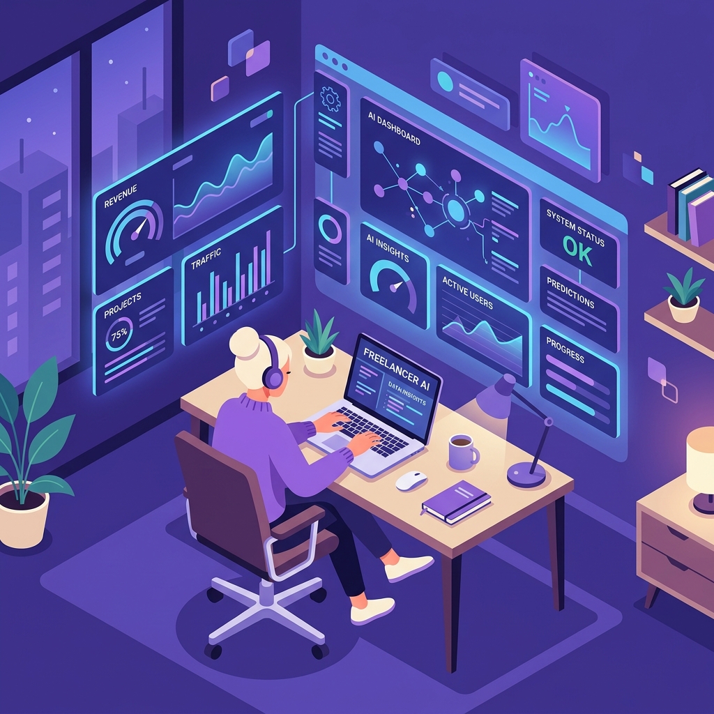 Freelancer at a laptop with AI dashboard screens, minimalist isometric illustration