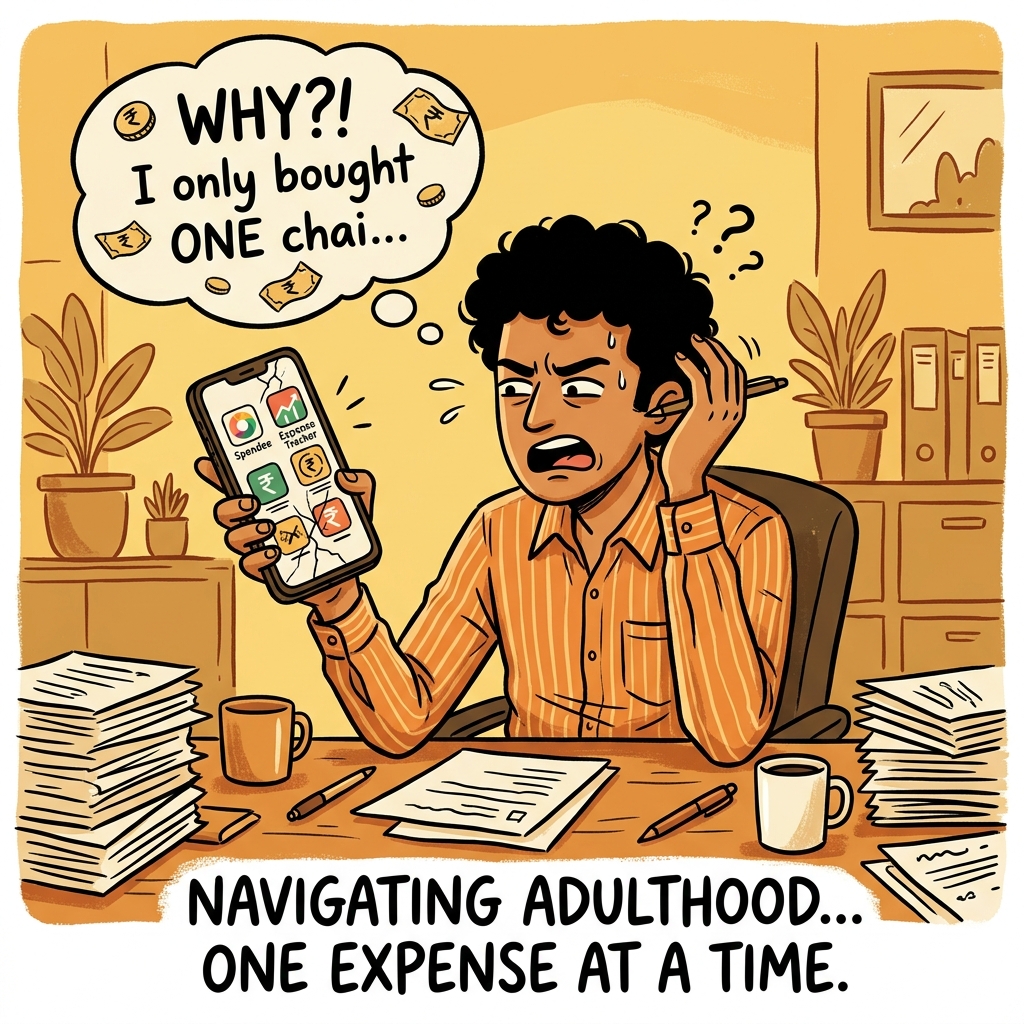 Frustrated young Indian professional looking at a phone with expense apps open