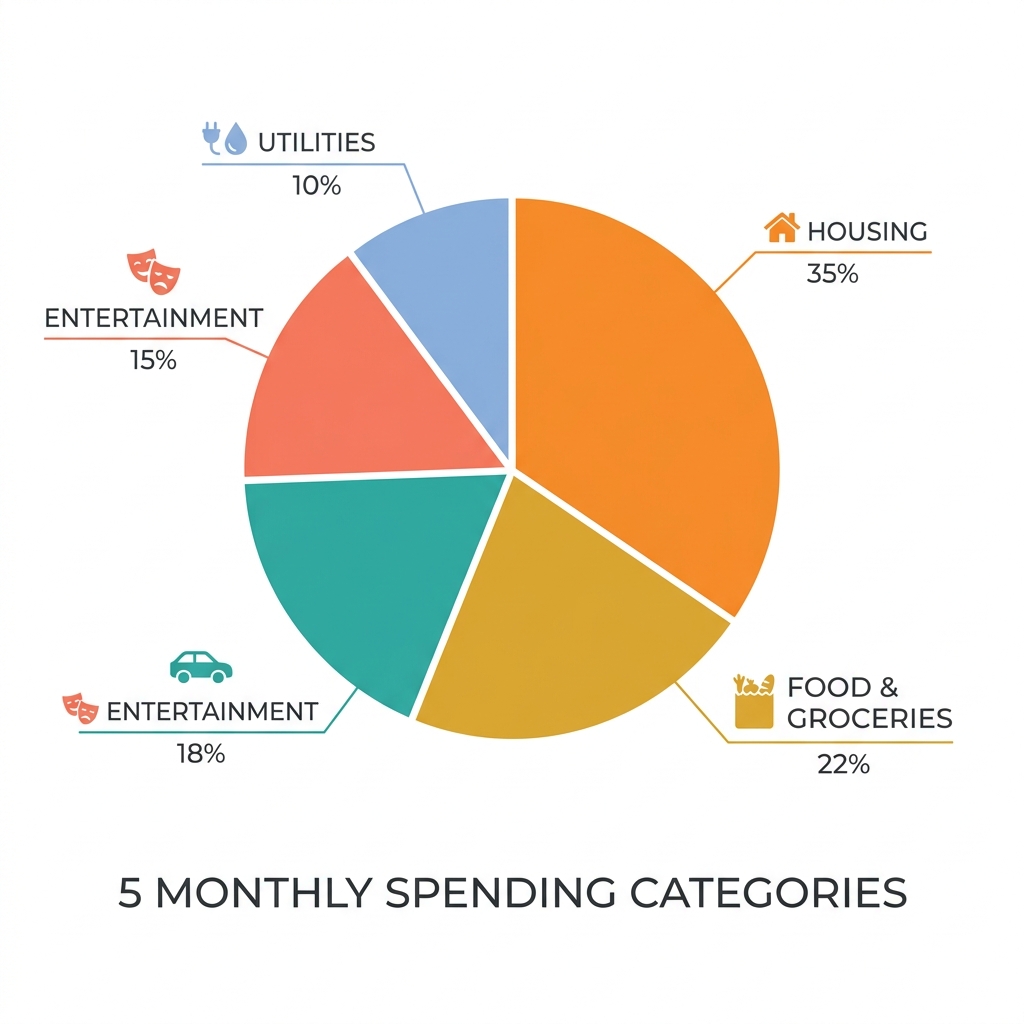 Clean pie chart illustration showing 5 spending categories in warm colours