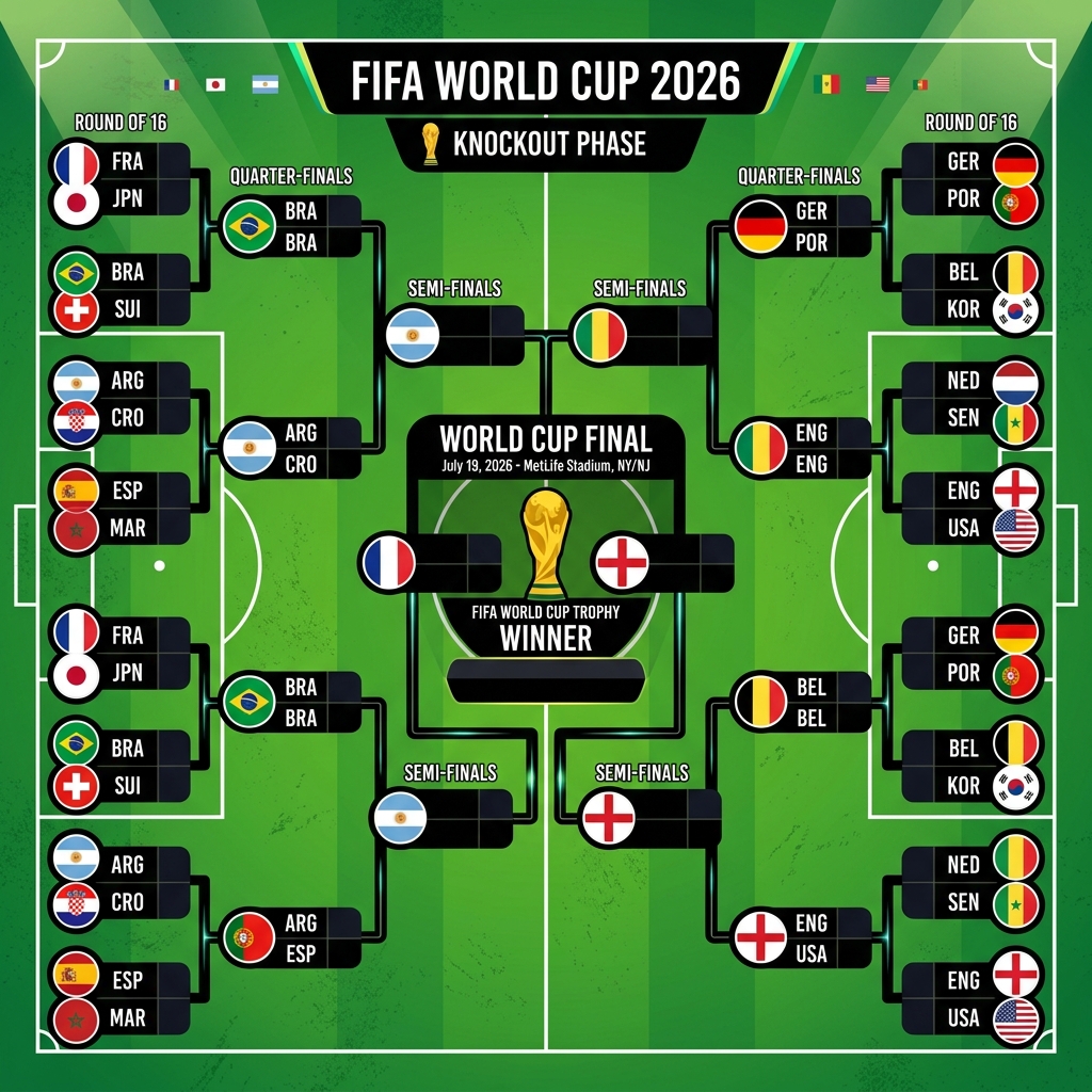 Dramatic illustration of a World Cup bracket tournament tree, with team flag icons