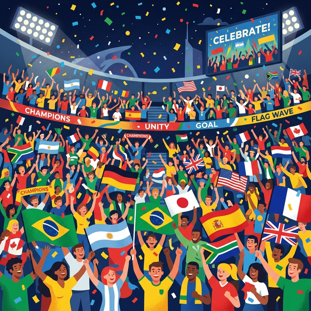 High-energy fan crowd illustration in a stadium, multiple national flag colours
