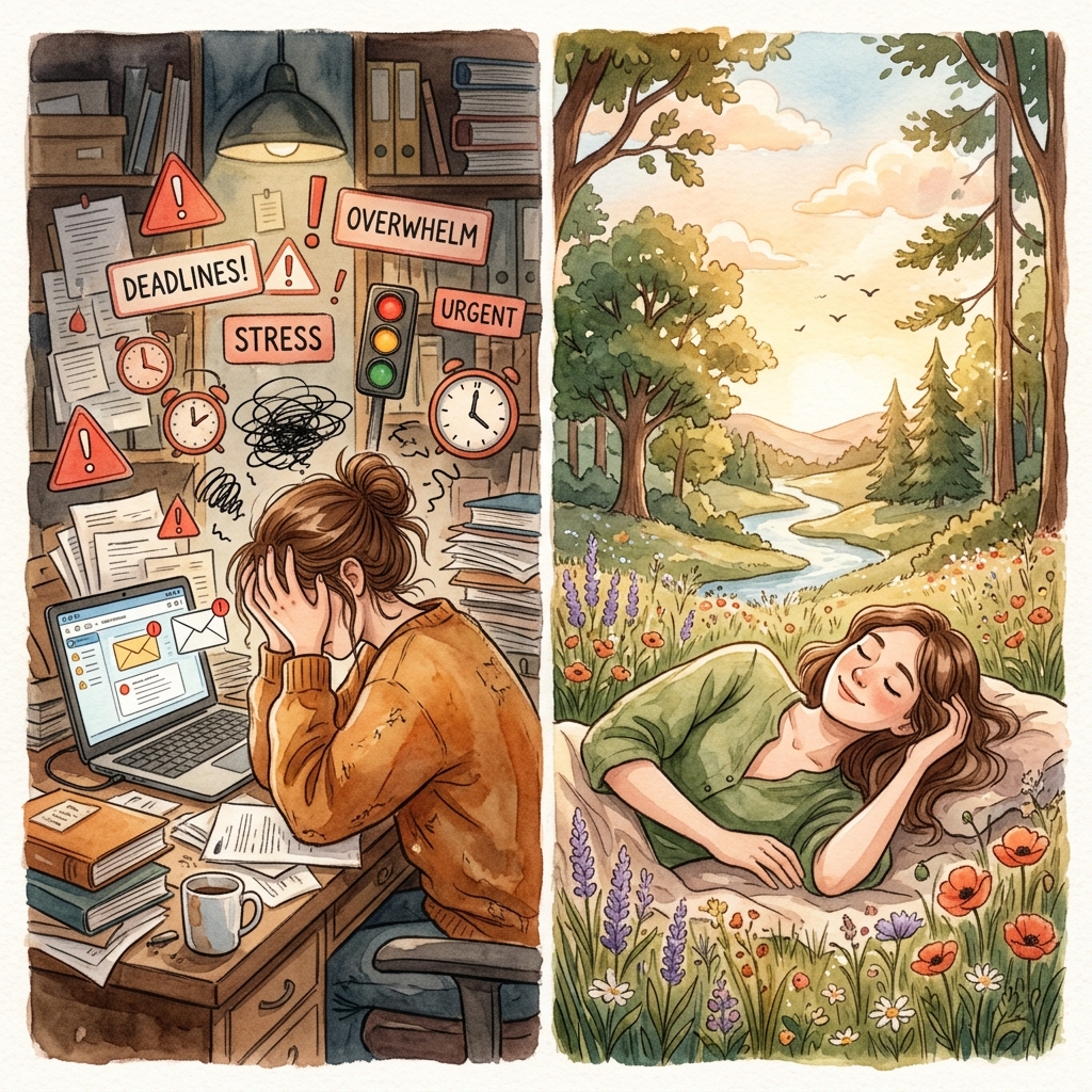 Split illustration showing two sides: overwhelmed at a desk vs resting peacefully in nature