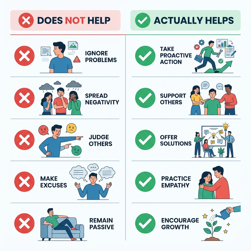 Clean infographic-style flat illustration with two columns: Does Not Help vs Actually Helps
