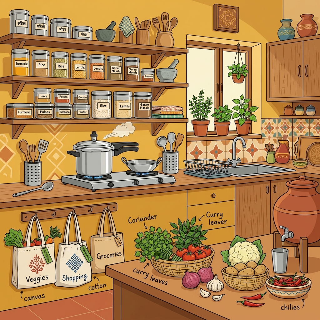 Flat illustration of a well-organised Indian kitchen with eco-friendly elements