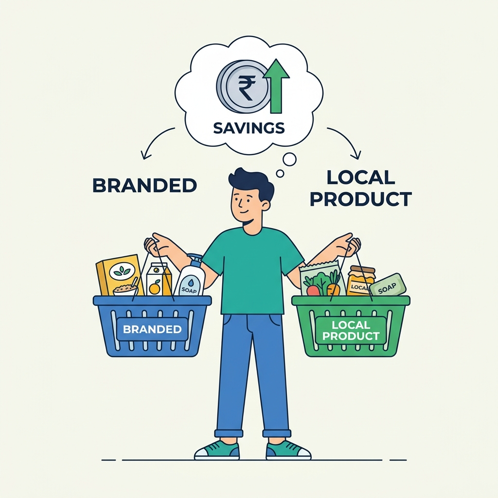 Clean flat illustration of a person comparing branded vs local product with a rupee coin icon