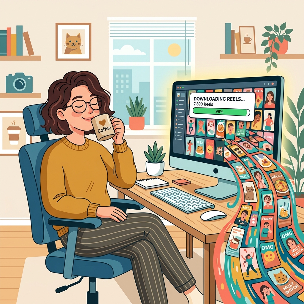 Person peacefully sipping coffee while automatically downloading reels